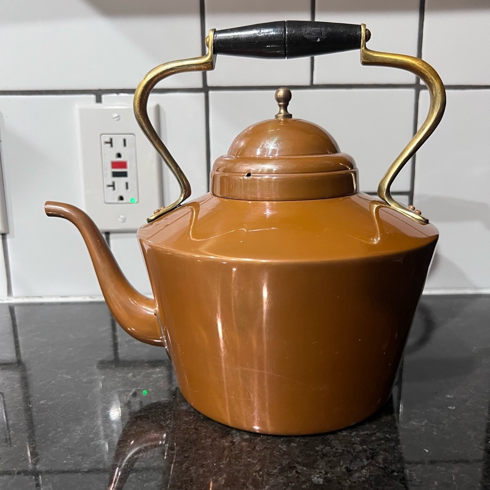 Antique Douro B&M Copper Tea Kettle Pot w/ Black Brass Handle Made in Portugal 7